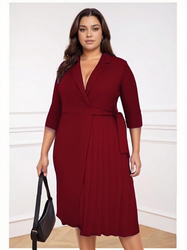 Image of Hostoyo Women's Plus Size Pleated Midi Dress Comfortable Suit Collar 3 /4 Sleeve Belted Casual Formal Work Church