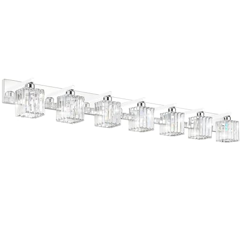 Image of Aipsun Bathroom Vanity Light Fixtures Chrome Vanity Light for Bathroom Crystal Vanity Lighting Fixtures 7 Light (Exclude Bulb)