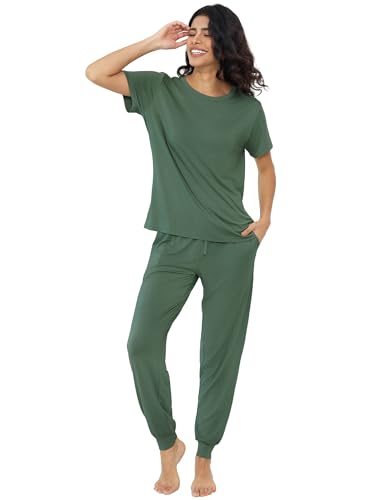 Image of Joyaria Bamboo Viscose Pajamas Women Ultra Soft Short Sleeve Jogger Pants Pjs Set Cooling Sleepwear