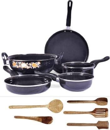 Jesa Homes Cookware Set Cast Iron, Ceramic Hard Anodized Induction Friendly Utensils Combo Of Kadai Fry Pan, Tawa, Sauce And Tadka Pan - 5 Piece Cokware Set With Wooden Spoon - Black