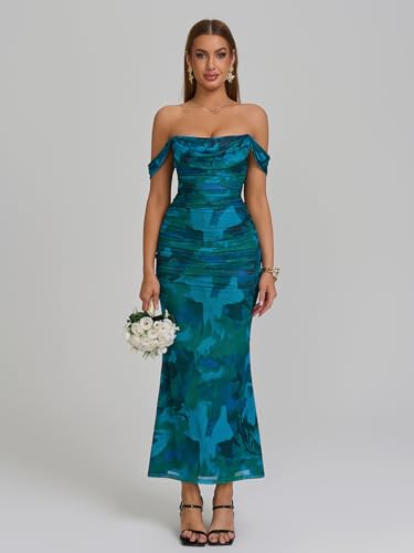 Image of KUTUMAI Off The Shoulder Maxi Long Dress Corset Ruched Bodycon Cocktail Formal Wedding Guest Dresses for Women