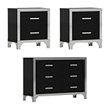 SOFTSEA 6 Drawer Dresser and Nightstand Set of 2 for Bedroom, Elegant Mirrored High Gloss 6 Drawers Dresser, 2 Drawers Night Stand Set of 2, 3-Piece Bedroom Set (Black)