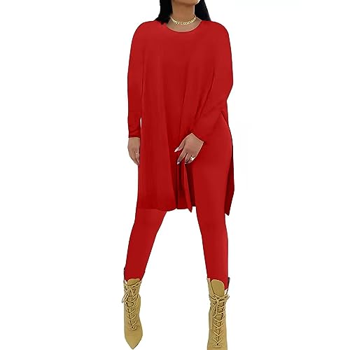 AXOSY Ensemble de survêtement 2 pièces pour femme - Tunique à col rond - Pantalon skinny, Rouge, Medium