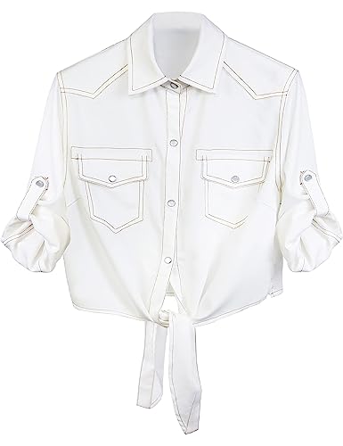 Image of SeekMe Womens Modern Denim Shirts Tie Front Crop Top Chambray Jean Shirts