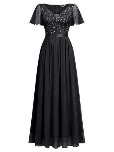 Miusol Women's Elegant Deep-V Neck Ruffle Tulle Sleeve Sequin Lace Formal Maxi Dress3