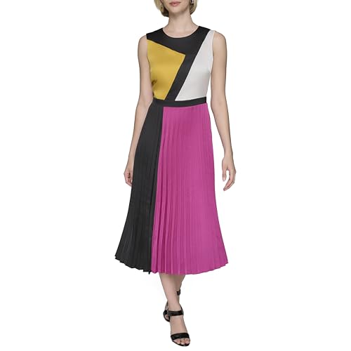 KARL LAGERFELD Colorblock Satin Sleeveless Midi Dress Vestido Informal, Negro Fucsia francés, 10 para Mujer