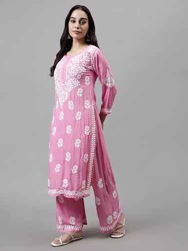 Image of Seva Chikan Hand Embroidered Lucknowi Chikankari Rayon Kurta and Palazzo Set SCL8037