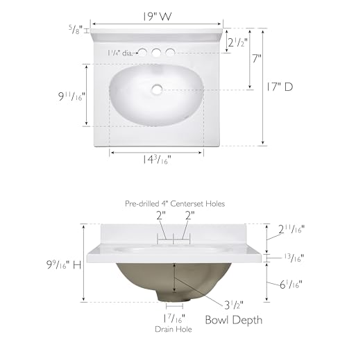 Image of Design House Cultured Marble Vanity Top, 19 in W x 17 in D, Integrated 4 in Centerset Oval Sink & Backsplash, Solid White, 586172