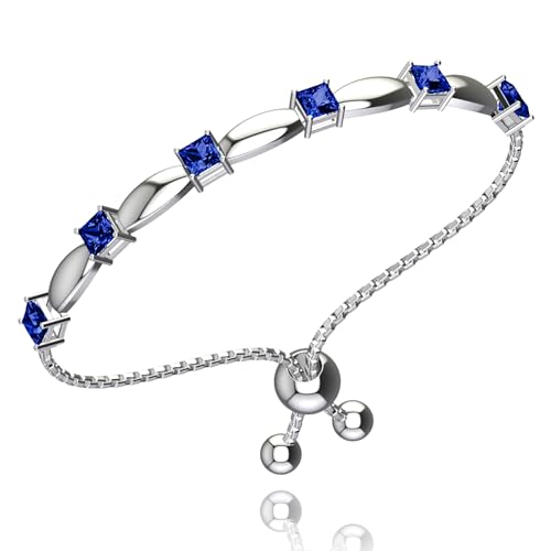 Fine Bracelet Tennis Style Pull String Birthstone Jewelry Gift for Women 925 Sterling Silver Square Sparkling Bolo Gemstone Jewelry Adjustable Bracelets