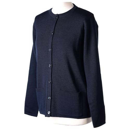 Crew Neck Blue Nun Cardigan with Pockets Plain Fabric 50% Acrylic 50% Merino Wool in Primis, M3