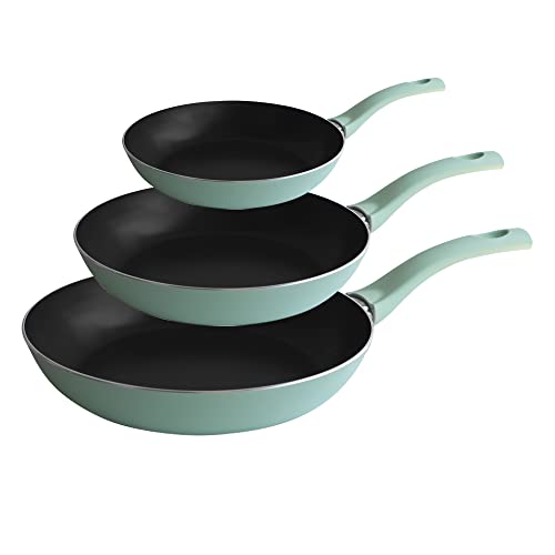 PINTINOX Prima Collection Set 3 Padelle in Alluminio Portofino, antiaderente a 5 strati, manico anti-scottatura, 20, 24 e 28 CM, Verde Basilico. Adatte a tutti i fuochi tranne l'induzione