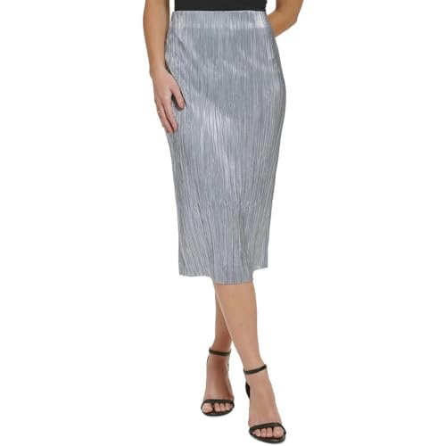 Calvin Klein Womens Metallic Pleated Midi Skirt Silver S