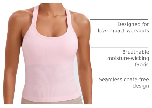 Image of CRZ YOGA Seamless Rib Racerback Tank Tops | Light Support, Built in Bra, Removable Pads, Yoga, Ribbed, High Neck, for Women