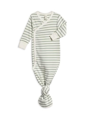 Image of Colored Organics KENDI Baby Organic Cotton Knotted Gown - Infant Indy Kimono Gown with Mitten Cuffs - Vitto Stripe/Jade NB