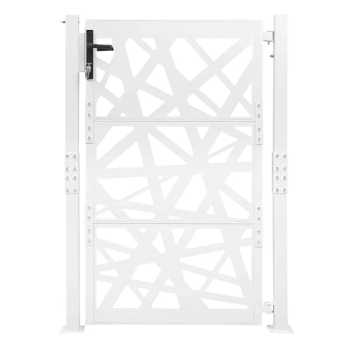 Puerta de entrada de jardín, puerta de metal, puerta de jardín, puerta de acero, postes, cerradura, cerca, 105 x 150 cm, 6 cm, brida de postes, moderna, para jardín, entrada, terraza (blanco)