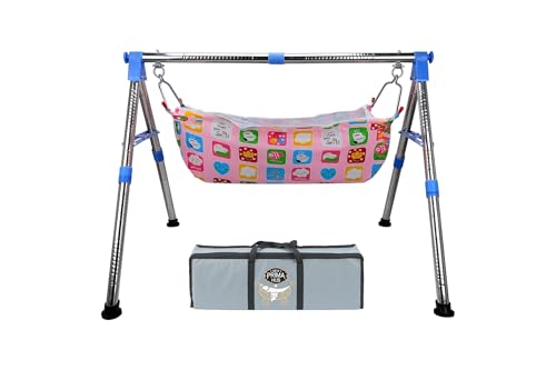 New Born Baby Swing Cradle Jhula for Babies Boy and Girl/Foldable & Portable Palna for Baby/Indian Style Hammock with Mosquito Net/Stainless Steel Body (Blue)