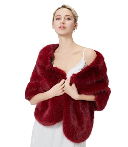 Tngan Womens Faux Fur Wraps Shawl Shrug Soft Warm Scarf Cape Stole Claret