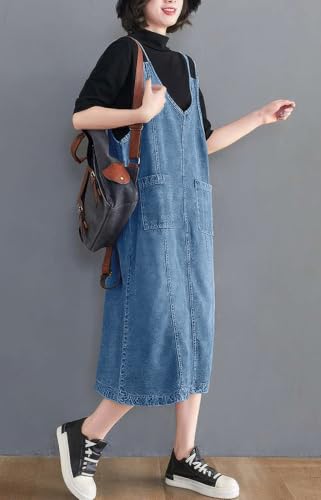 Image of ebossy Women's Sleeveless V Neck Denim Overall Jumper Dress Casual Loose Double Spaghetti Straps Midi Jean Dress