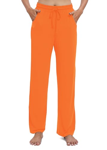 EXCHIC Women's Drawstring Casual Pants Stretchy High Waisted Loose Straight Leg Pants Jogger Trousers with Pockets(M, Orange)