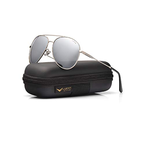 LUENX Aviator Sunglasses for Men Women Polarized Mirrored Silver Lens Metal Frame UV 400 Driving 59MM with Accessories