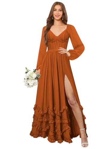 Long Sleeve Chiffon Bridesmaid Dresses for Women Ruffle Corset Wedding Formal Maxi Dress with Slit