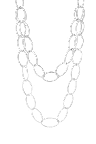MAJALE - Cadena Oval de Acero Inoxidable - Collar de Acero Inoxidable con Acabado en Baño de Oro de 18Kt y Rodio - 90cm +5cm Extra - Estilo Versátil como Collar o Cinturón - Joyería Mujer (Plateado)