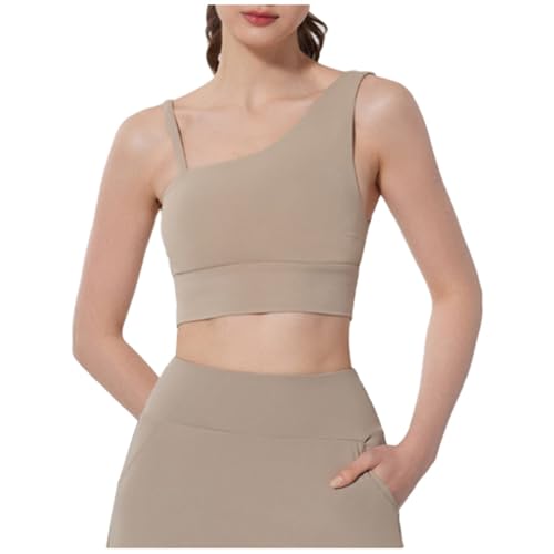 Damen-Sport-BH Hochfest Yoga-Büstenhalter One-Shoulder Design Offener Rücken Stoßdämpfend Stilvoll Fitness Tanzaktivitäten BH Damen Ohne Bügel Komfort Softschalen Nahtloser Nahtlos Bra (Khaki, S)