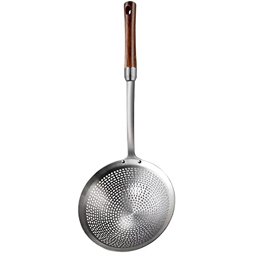 cheese curd spoon - HOJKMA Strainer Skimmer Ladle, 304 Stainless Steel Skimmer Spoon Deepen Spider Strainer Kitchen Cooking Colander Spoon Utensil with Wooden Long Handle for Cooking, Draining, Frying, 16.73 Inch