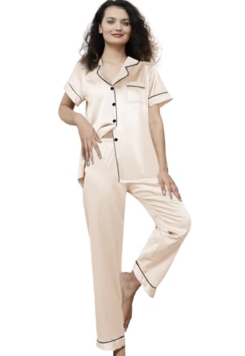 Image of WJing Yi Jia Womens Pajamas Set XS-4XL Floral Silk Satin Pajama Sets Silky Pj Sets 2Pcs Loungewear Sleepwear Button Down Pjs