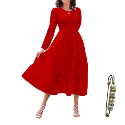 Yazinie Dresses for Women 2025 Long Puff Sleeve Wedding Guest Floral Lace Maxi Dress Red