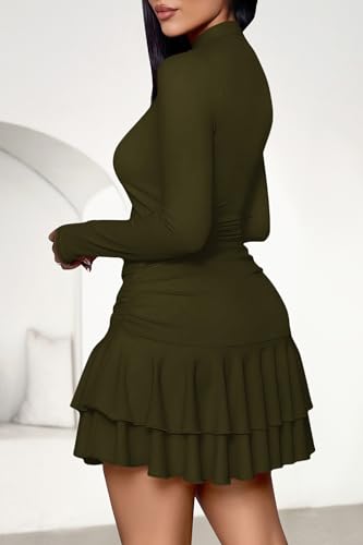 PRETTYGARDEN Women's Y2K Ruffle Layered Bodycon Mini Dress | Long Sleeve Mock Neck Ruched A-Line Fall Clothes 2026,Ribbed Knit Party Wedding Guest Cocktail Dresses,Winter Vacation Outfit - image 5
