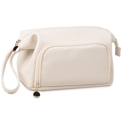 Abiudeng Makeup Bag for women,Toiletry Travel Makeup Bags Pouch with Brush Compartments, Large Portable Cosmetic Bag with Handle,Wide Open Cute Bag,PU Water-Resistant Makeup Bag-White