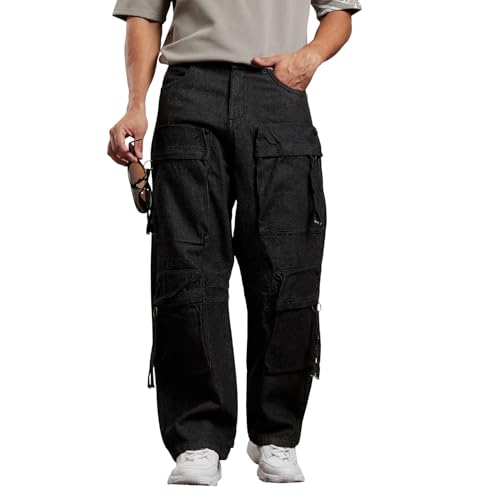 Image of CAHOOT Men Denim Jeans - Relaxed Fit Mid Rise Solid Pattern - 100% Cotton Dark-Wash Denim with Turned-Up Cuffs & Six Pockets for Casual & Street Wear