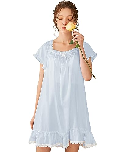 Image of Nanxson Women's Cotton Nightgown Short Sleeve Sleepwear Vintage Nightshirt | Summer Victorian Sleepdress,White Sleepshirt,U Neck Lace Loungewear,Soft Nightshirt,Loose Loungedress,Bride Nightwear