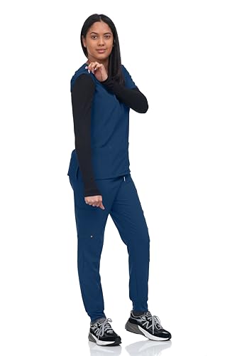 Flex Core New York Scrub Set Top with Long Knitted Sleeves and Jogger Pants with 3 Pockets Stretch Lightweight (Caribbean, X-Large)