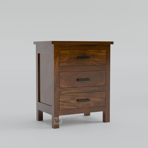 Image of DRIFTINGWOOD Roovi Solid Sheesham Wood Bedside Table with 3 Drawers | Wooden Nightstand & Side Table for Bedroom (Walnut Finish)