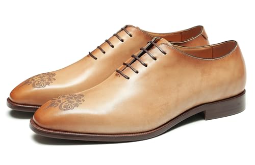 Santimon Men's Genuine Leather Oxfords Formal Dress Shoes- Handmade Pointed Toe Lace Up Suit Shoes with Vintage Floral Engraving for Business Prom Wedding