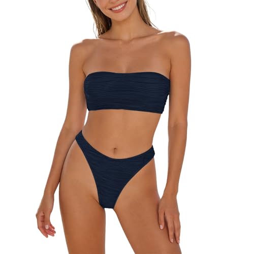Bikini Pantalon Bañador Natacion con Sujetador Bikini Fruncido de Piezas: Traje de baño vacacional Estilo Tanga Cintura Alta Traje Baño Mujer Talla Grande Pantalón Bañador Navy L