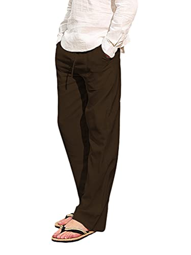 Onsoyours Pantalons Homme en Lin Coton Pantalons de Sportif Léger Confortable Respirant Pants Grande Taille Elastique Jambe Large Casual Décontracté Eté Café XXL