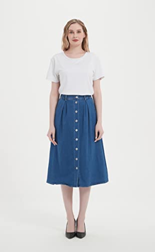 Tronjori Womens A Line Long Midi Denim Skirt with Button Front2