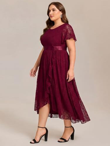 Image of Ever-Pretty Plus Women's Lace Round Neck Short Sleeves High Low Plus Size Midi Cocktail Wedding Guest Dresses Burgundy US22
