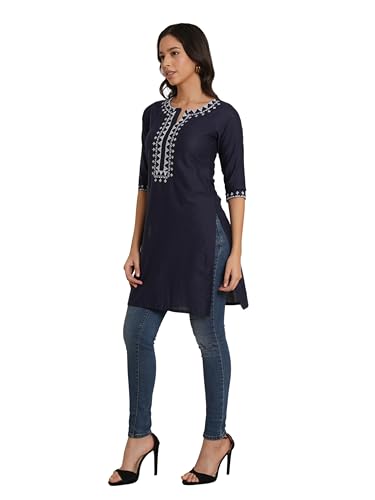 Image of Brownverse Pure Cotton Embroidered Women Short Kurti