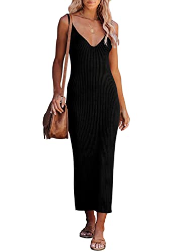 MEROKEETY Womens 2025 Summer V Neck Knit Midi Dress Bodycon Casual Sleeveless Ribbed Party Sweater Dresses2