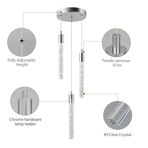 Moderna lámpara colgante de isla de cocina LED cromo de 3 luces para iluminación interior 5