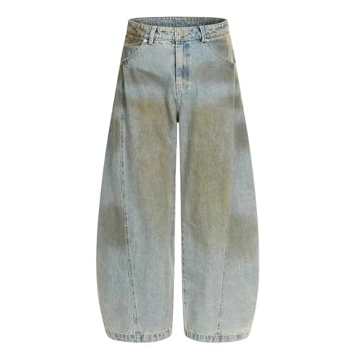 Men's Retro Leopard Print Jeans, Washed Distressed Denim, Wide Leg, Curved Blade Pants