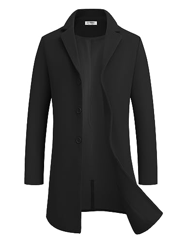 COOFANDY Trench Coat Men Black Mid Long Trench Coat Wool Overcoat Classic Warm Dress Coat Winter Business Overcoats Black M