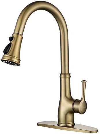 Gold Kitchen Sink Faucet with Pull Out Sprayer, Brushed Gold Copper Single Handle 1 Hole Pull Down Kitchen Faucet, Champagne Bronze,WEWE