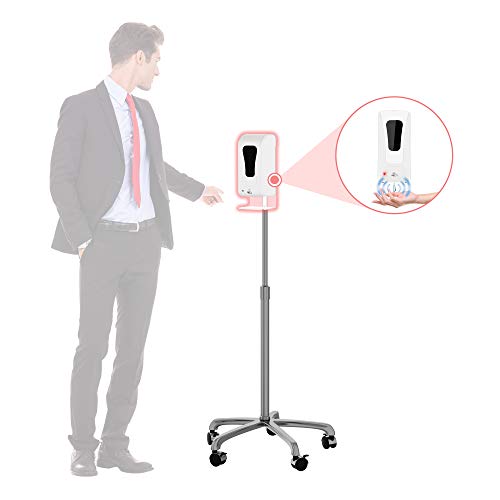 Image of Hand Sanitizer Station - CTA Heavy-Duty Height-Adjusting Mobile Floor Stand with 5 Swivel Casters and Automatic Soap and Hand Sanitizer Dispenser (SAN-HFSD) - Silver