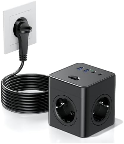 Steckdosenwürfel mit USB, 8 in 1 Steckdosenleiste Flachstecker mit Schaltbar,4 Fach Steckdosenleiste mit 2 USB-A&2 USB-C,Mehrfachsteckdose Power Cube mit Zugring,1.5M Kabel für Zuh