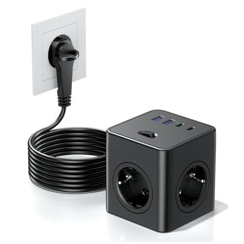 Cube Multiprise 8-en-1 avec Interrupteur, 4 Prises avec 2 USB-A et 2 USB-C, multiprise Power Cube avec Anneau de Traction, câble de 1,5 m pour la Maison/Le Bureau, Noir